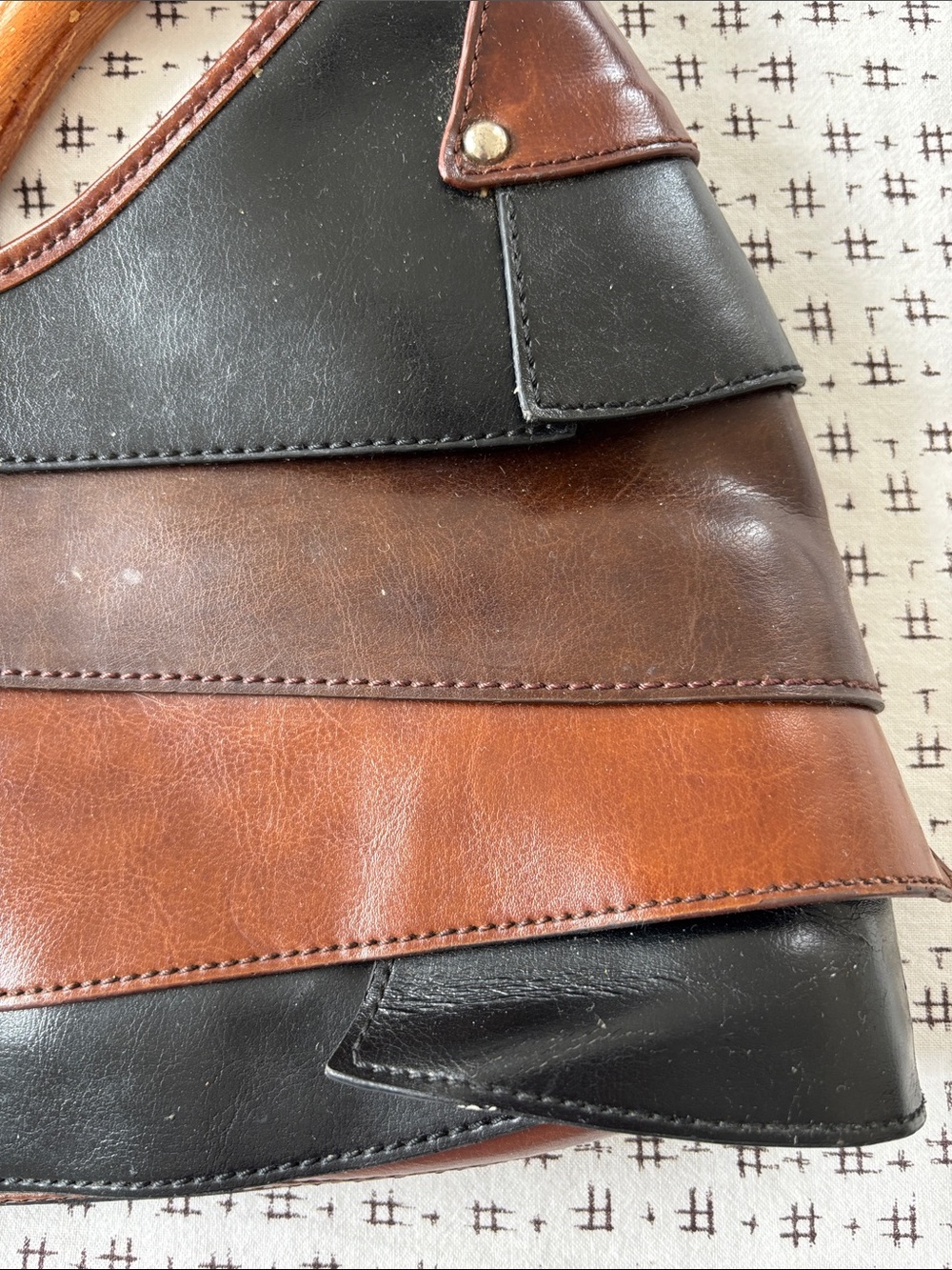 Gucci-style bag, layered leather, dark brown, lite brown, black, wood handle - Picture 4 of 16